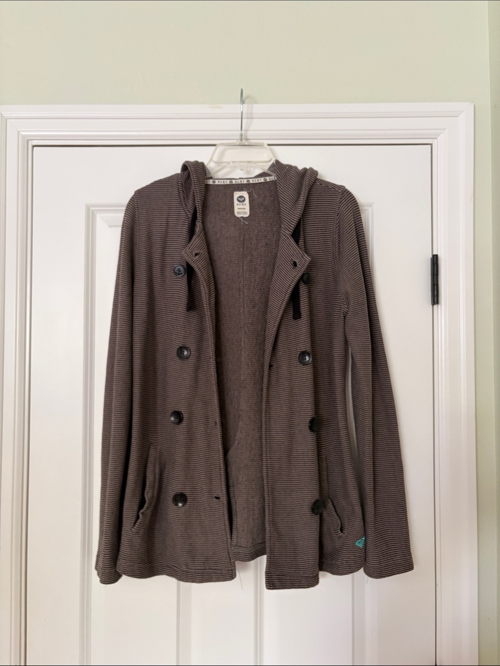 Striped Hooded Double-Breasted Cardigan Jacket - Brown